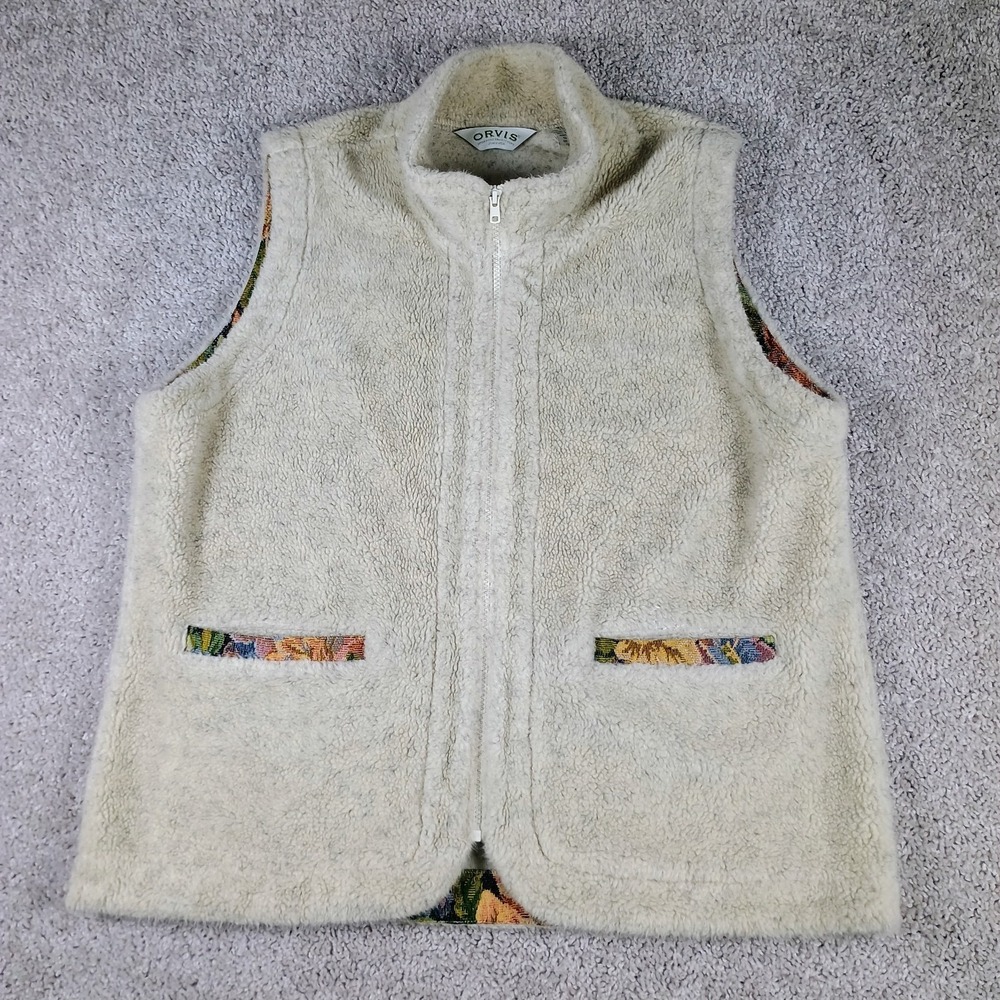 Vintage Women's Orvis Fleece Vest XL Cream Floral Trim Full Zip Cottagecore